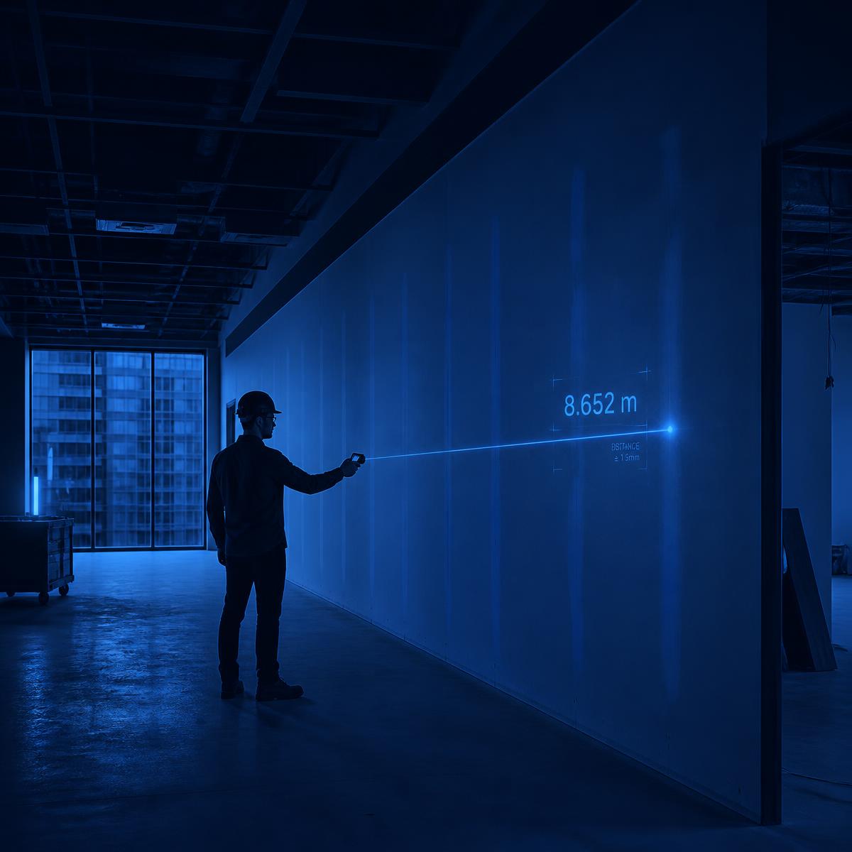 Profissional realizando medição a laser em ambiente comercial em obra